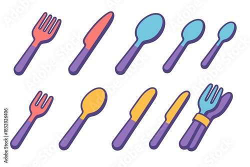 Vibrant Cutlery Icons. Cutlery Set flat icons set. fork, knife, spoon, teaspoon, dessert fork, serving spoon, butter knife, cutlery bundle