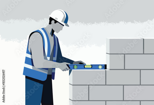 A construction worker, with a hard hat and safety vest, uses a level on a wall under construction