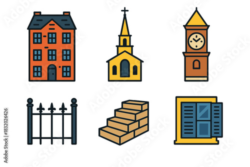 Colonial Icon Set. Colonial Town Structures flat icons set. brick townhouse, church steeple, clock tower, iron fence, stone steps, shuttered window