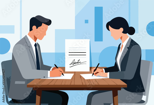 Two figures sign documents at a desk in a flat illustration style. A signed contract is in between