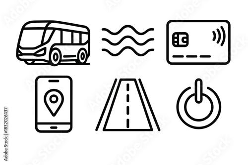 Futuristic Transit Icons. Future Transit Systems linear icon set: futuristic bus, energy wave, smart card, app icon, road lines, power icon