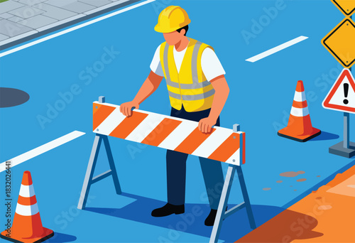A worker in a yellow safety vest and helmet places a traffic barrier on a blue road with cones and warning signs