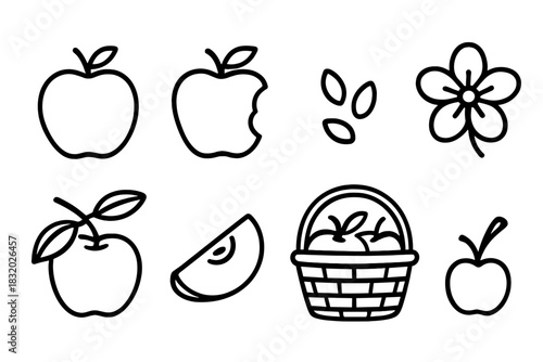 Apple Icons Collection. Apple objects linear icon set: whole apple, bitten apple, apple seeds, apple blossom, branch with apple, apple slice wedge, apple basket, apple stem