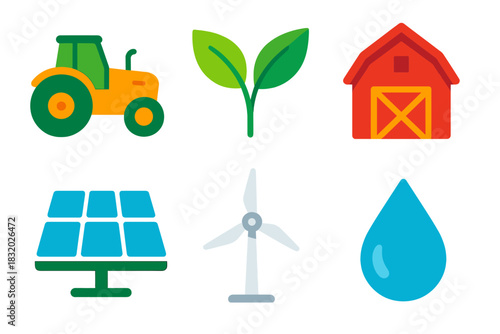 Eco Farming Icons. Eco Farming flat icon set: tractor, leaf, barn, solar panel, wind turbine, water droplet