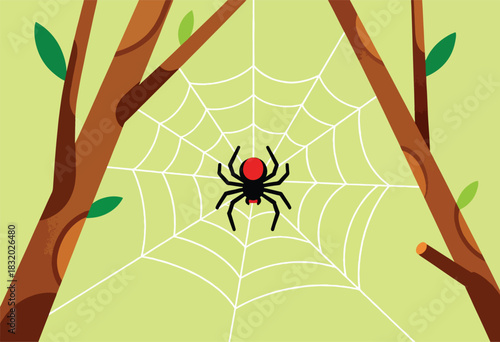A vector illustration features a black spider with red marking in a web, framed by brown tree trunks & green leaves