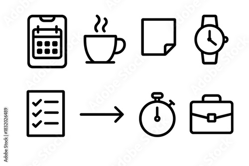 Organized Daily Icons. Daily Time Organization linear icon set. mobile calendar, coffee cup, sticky note, watch, to-do list, timeline arrow, stopwatch, briefcase