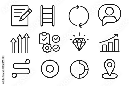 Training Icon Set. Training Methodologies Set linear icon set: practice sheet, structured ladder, learning loop, instructor bubble, training arrows, task icons, clarity symbol