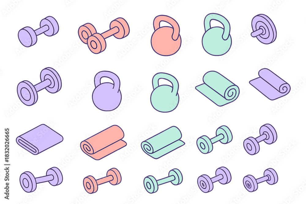 Fototapeta premium Colorful collection of exercise equipment including dumbbells, kettlebells, and mats arranged in a pattern
