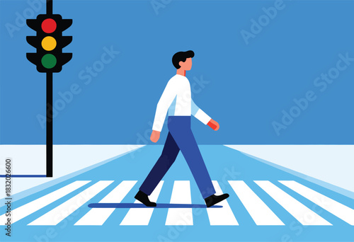 A flat-design illustration of a person crossing a crosswalk as a traffic light changes from red