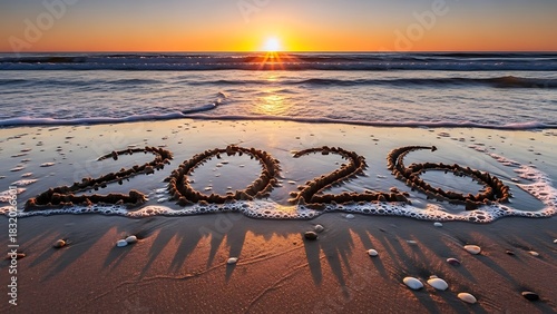 New Year's Eve on the beach with the year 2026 inscription