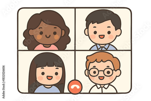 Group of friends participating in a virtual meeting during the afternoon with smiles and happy faces