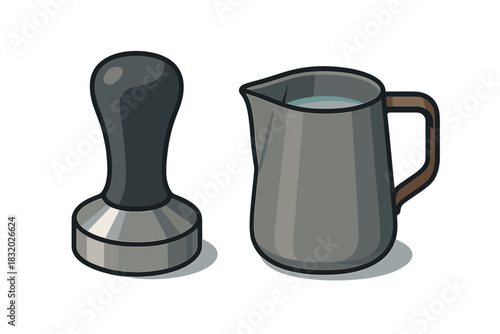 Coffee tamper and milk pitcher used in espresso preparation at a local cafe