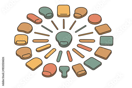 Colorful assortment of shapes arranged in a circular pattern for art or educational purposes