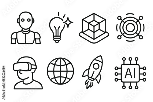 Futuristic Icons. Future Tech linear icon set: humanoid robot, innovation spark, 3D model, energy core, VR headset, digital globe, rocket, AI circuit