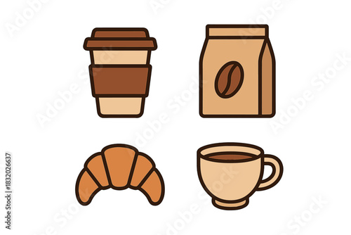 Morning coffee and pastry assortment with takeaway cup and fresh croissant