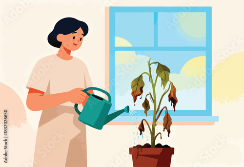 A person waters a nearly dead plant in a pot near a window, suggesting neglect. The sun shines