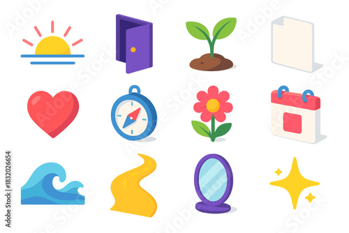 New Beginnings Icon Set. New Beginnings flat icons set. sunrise, open door, seed sprout, clean page, heart symbol, compass, fresh flower, calendar start, gentle wave, new path icon