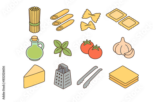 Colorful assortment of ingredients for making pasta dishes in a creative kitchen setting