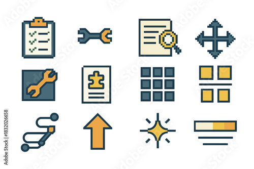 Pixel Art Resolution Icons. Practical Resolution pixel style icon set: checklist sheet, repaired line, clarified notes, guiding arrows, fixed block, solution card, organized grid