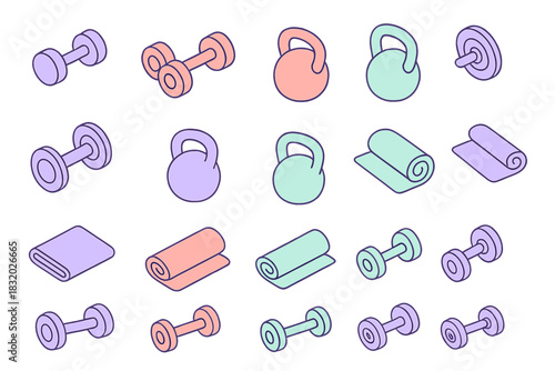 Colorful collection of exercise equipment including dumbbells, kettlebells, and mats arranged in a pattern