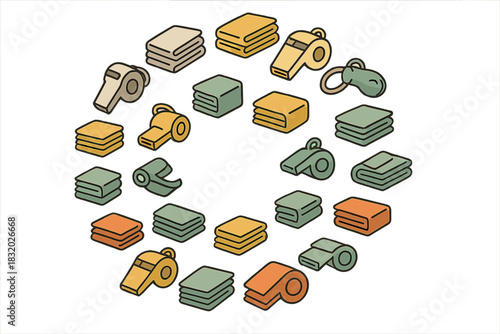 Collection of colorful sports equipment and items arranged in a circular pattern on a white background