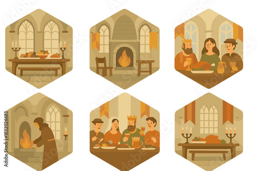 Celebration of medieval feast in grand hall with festive atmosphere and traditional dishes served to guests