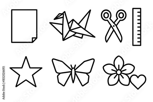 Origami Icon Collection. Origami Essentials linear icon set. paper sheet, folded crane, scissors, ruler, star, butterfly, flower, heart.