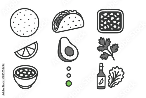 Colorful illustrations of ingredients used in Mexican cuisine, showcasing taco elements and toppings, ideal for food lovers and cooking enthusiasts