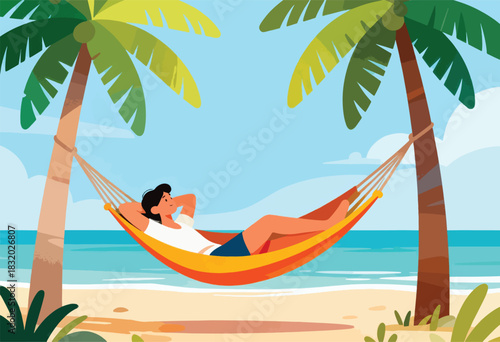 Illustration depicts a person relaxing in a hammock between palm trees on a beach with a blue ocean