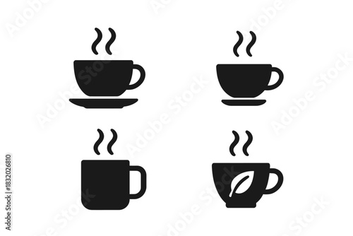 Different styles of steaming coffee cups shown in minimalist black and white design suitable for modern cafe decor