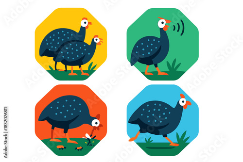 Colorful illustrated guineafowl engaging in various activities in a vibrant setting