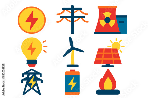Energy sources and symbols represented in a bright, colorful, and simple graphic design suitable for educational purposes