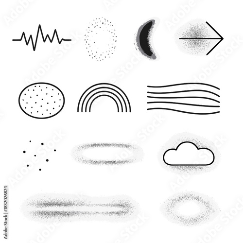 Artistic Illumination Icons. Artistic Illumination Toolkit linear icon set: spectral break line, glow diffusion patch, soft shadow sweep, reflected beam icon, ambient shimmer field