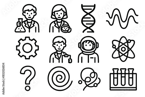 Junior Scientists Icons. Junior Scientists linear icon set. lab coat, beaker, petri dish, DNA helix, light wave, gear, clipboard, space helmet, model atom, question mark, color