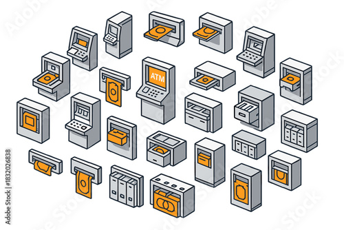 Various types of automated teller machines in different designs and styles across a circular layout