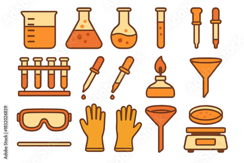 Chemistry lab tools and equipment illustrated in bright colors for educational purposes and science activities
