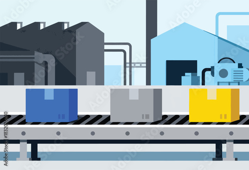 Illustrated factory scene depicts a conveyor belt carrying three boxes of different colors, with factory buildings