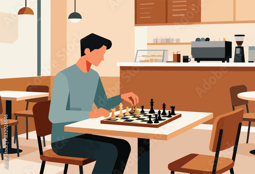 An illustration of a man playing chess in a cafe, with espresso machine, pastries, and minimal decor