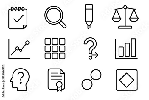 Cognitive Inquiry Icons. Cognitive Inquiry Set linear icon set: hypothesis note, observation lens, test marker, data point, comparison scale, pattern grid, questioning arrow