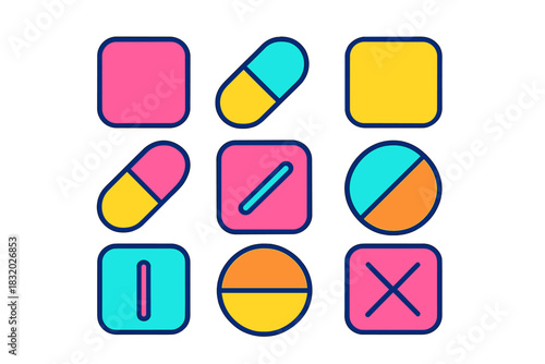 Colorful geometric shapes arranged in a grid pattern showcasing creative design elements in vibrant hues