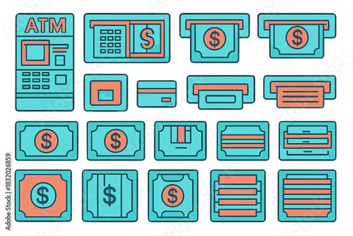 Colorful illustrations of banking tools and money symbols for financial themes and services