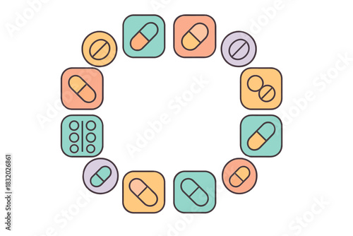 Circular arrangement of colorful capsules and tablets representing healthcare and medication