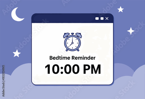 Digital interface displays a bedtime reminder an alarm clock icon, time, and starry night background