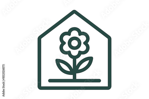 Simple line drawing of a flower inside a house outline conveying the concept of indoor gardening and plant care