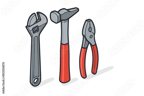 Set of three essential hand tools including a wrench, hammer, and pliers for home repairs and maintenance projects