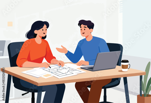 A man and woman in an office discussing a floorplan with a laptop and coffee on the desk