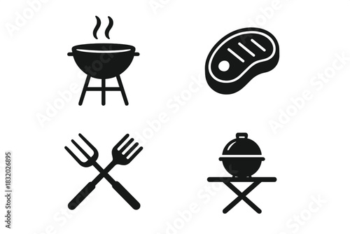Outdoor barbecue setup with grill, steak, utensils, and serving dish ready for cooking