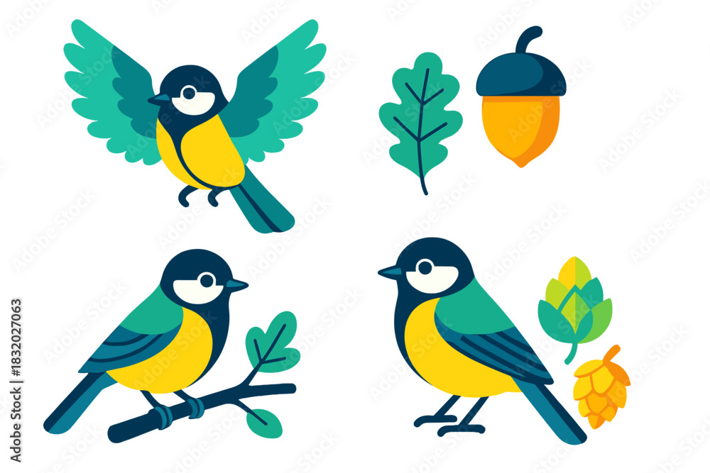 Obraz premium Colorful cartoon birds surrounded by nature elements in a playful design