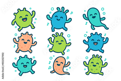 Cute and colorful cartoon germs dancing joyfully in a happy and playful scene with musical notes around them