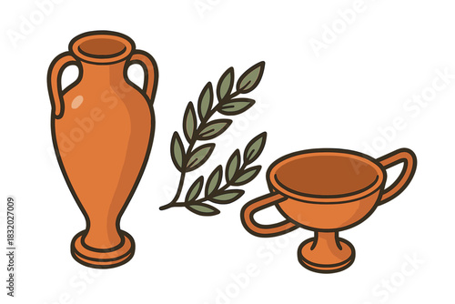 Traditional clay pottery and olive branch showcasing ancient craftsmanship and nature's beauty in a simple design